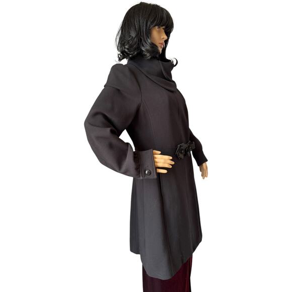 H&M Black dress coat rounded fold over collar with flower belt 12 - Picture 8 of 17